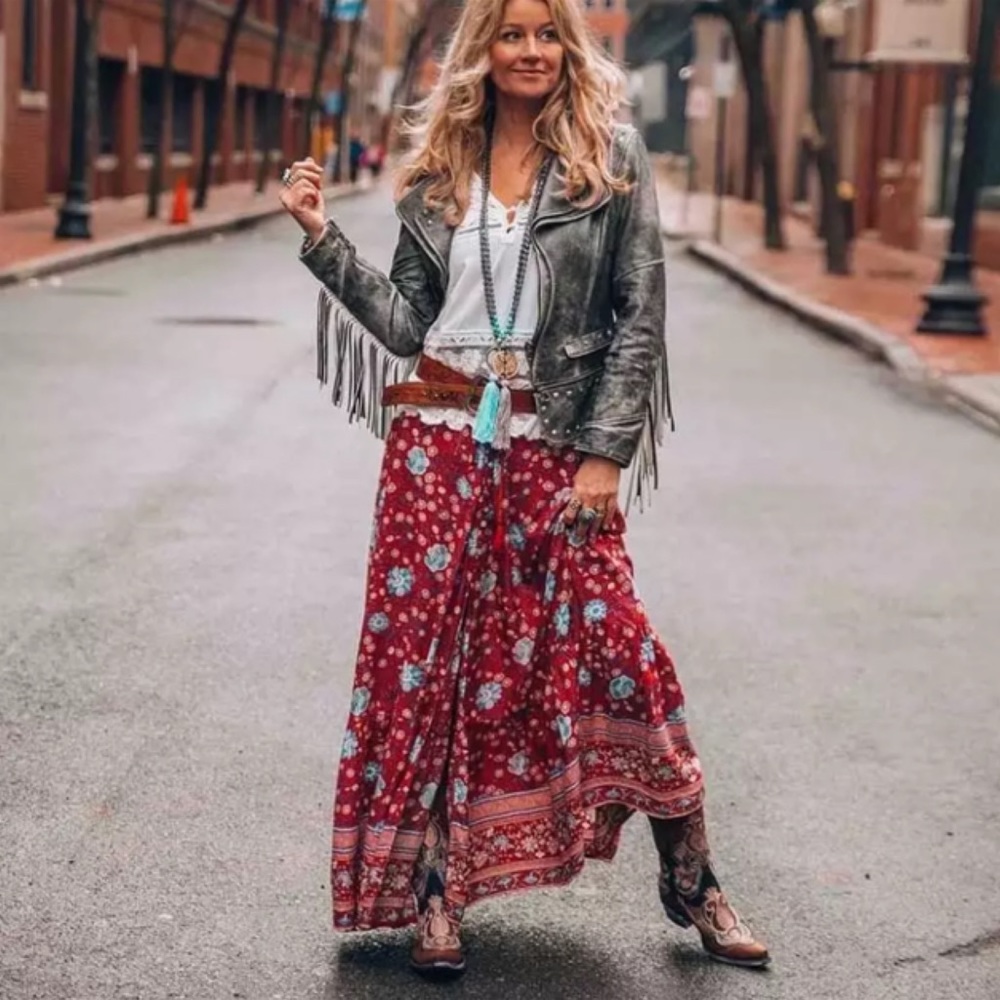 Red Floral Gypsy Bohemian Button Up Long Skirt - Picture 6 of 14